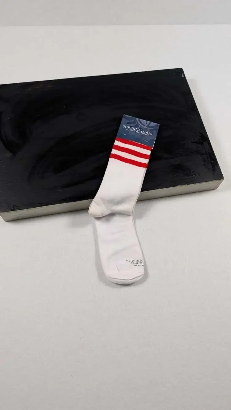 Supernatural Striped Crew Socks (White with Red Stripes)Large